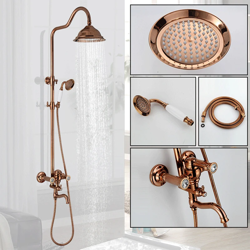 8" Stainless Steel Wall Mounted Rainfall Bathroom Faucets Dual Handles Water Mixer Tap In Rose Gold