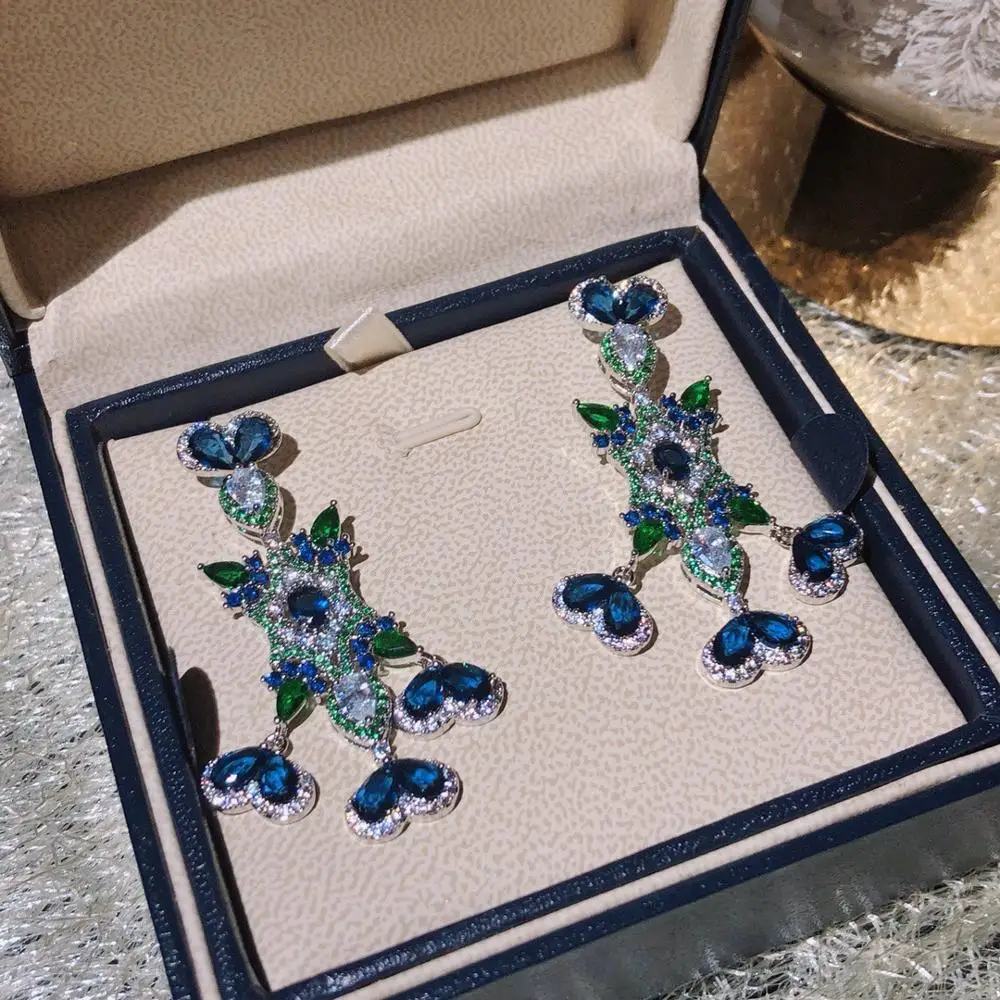 Высокое качество, чистое 925 пробы, серебряные ювелирные изделия для женщин, голубой камень, CZ серьги, роскошные длинные серьги, прекрасные костюм и ювелирные изделия, серьги