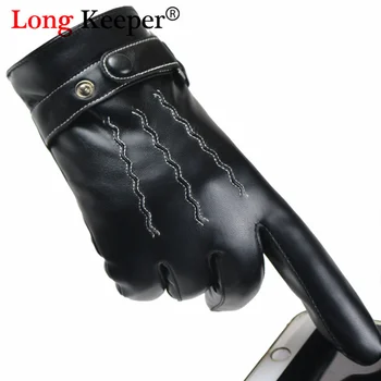 

Plus Velvet 2019 Men's PU Leather Gloves Winter Full Finger Touch screen Driving Guantes Men's Black Gloves Button Warm Mittens