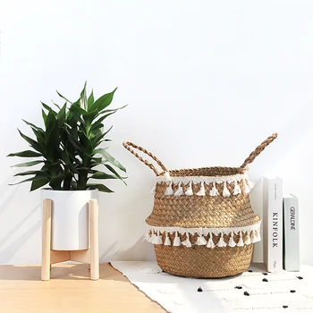 

Seagrass Hand-woven Macrame Storage Basket Plant Wicker Baskets Garden Flower Vase Foldable Pot with Handle Storage Basket