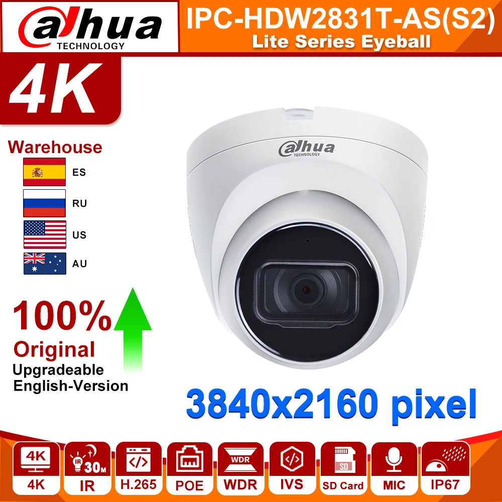 US $94.33 Dahua Original Starlight 8mp 4k Ip Camaera Ipc IpcHdw2831tAs BuiltIn Mic Sd Card H265 30m Ir Ivs Onvif Ip67 Hd Poe Camera