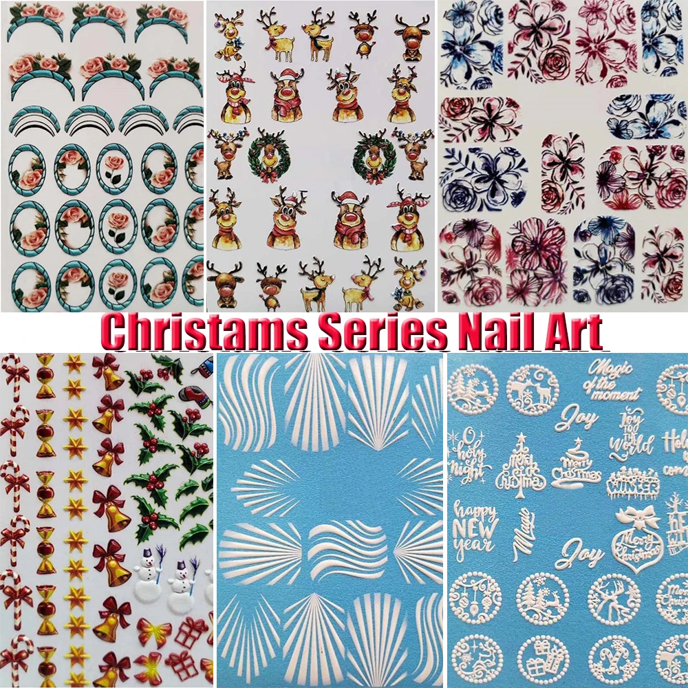 Christmas Series 6D Engraved Flower Acrylic Mark Nail sticker Nail Stickers Embossed Flower Water Nail Tool Decoration New