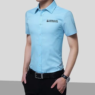 HERBALIFE Для Мужчин's летняя Бизнес рубашка, короткий рукав и отложным воротником для мальчиков, футболка с асимметричным подолом «Ласточкин хвост», Для мужчин рубашка Большой 5XL - Цвет: Небесно-голубой