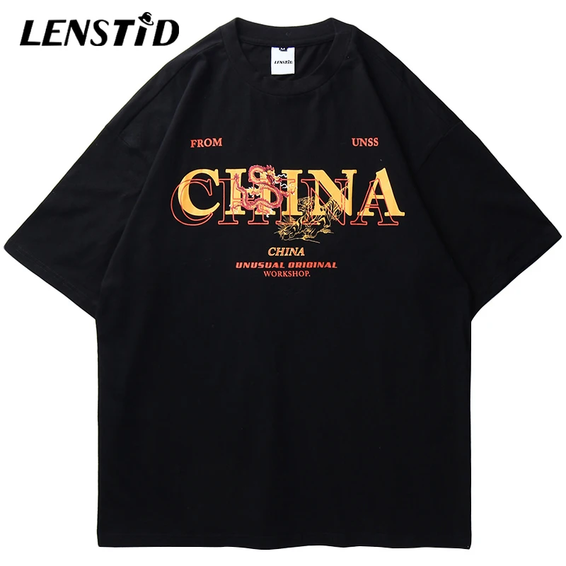 LENSTID, новинка, Harajuku, уличная одежда, китайский дракон, тигр, Боевая футболка, большие размеры, хип-хоп футболка, короткий рукав, хлопок, летняя футболка