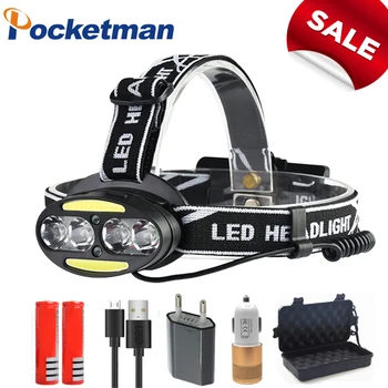 

8000LM LED headlamp 4*T6+2*COB+2*Red LED torch led headlight 7 lighting modes with batteries charger Camping