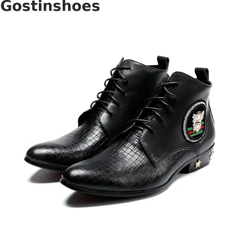 

Men Boots Black Genuine Leather Hand Woven Metal Decoration Embroidered Men Ankle Boots Lace-up Men Short Work Boots Fashionable