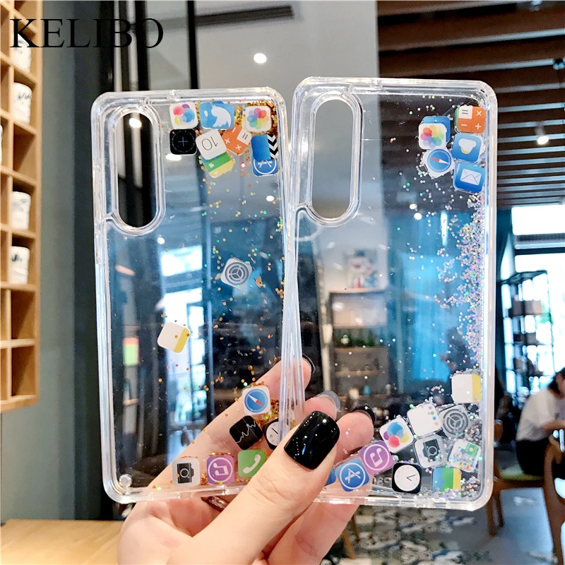 

Liquid Hard PC Clear Phone Case Shell For Huawei NOVA3 NOVA4 P20 Pro P30 Honor V20 Cases Quicksand Cover Cute APP icon Case Capa