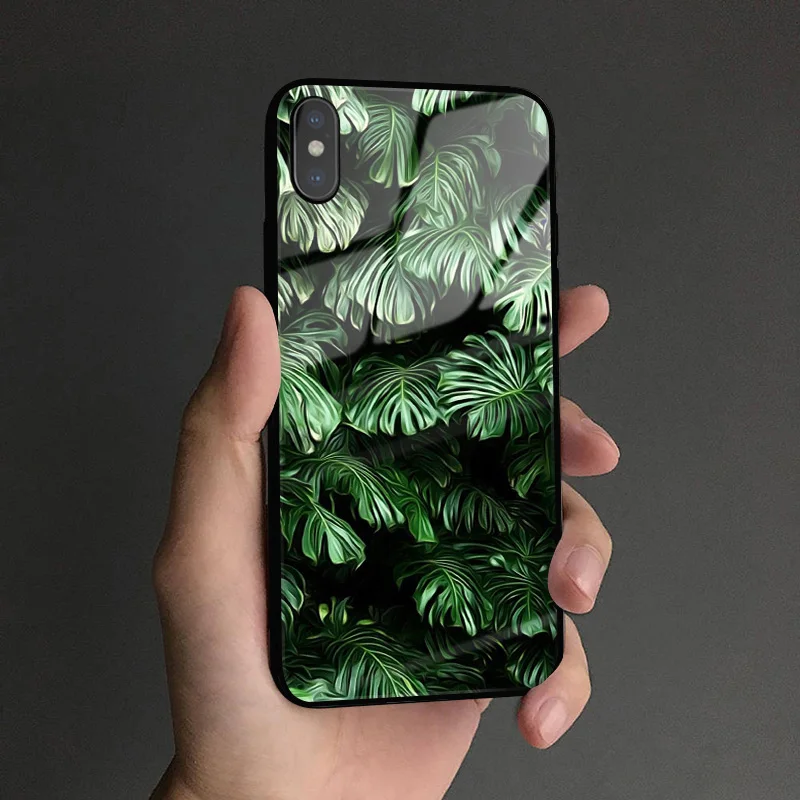 Зеленые тропические Листья Лист закаленное стекло крышка Мягкий силиконовый чехол для телефона оболочка для iPhone 6 6s 7 8 Plus X XR XS 11 pro MAX - Цвет: AE 709