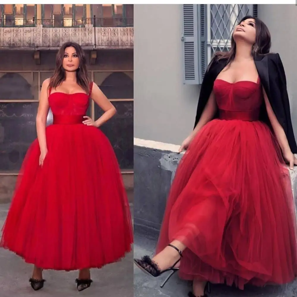 

2019 New Red Spaghetti Strap a-line Length Evening Dress Sexy Sweetheart Muslim Saudi Arabic Women Party Gowns Formal gown
