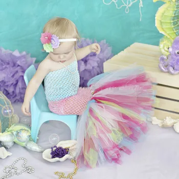 

Sea Princess Ariel Dress Patchwork Polyester Top Tulle Tutu Fishtail Toddler Girl Dress Kids Baby Ariel Little Mermaid Clothes