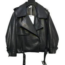 

FAKUNTN Leather Jacket Loose Turndown Collar Faux Leather Coats Female Fashion Belt Spring Motorcycle Outerwear WF168