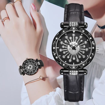 

Women Watches Fashion Black Rotating Dial Simple Leather Band Quartz Analog Wrist Watch Luxury Ladies Casual Business Clock Gift