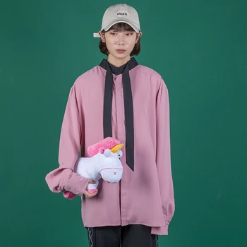 

Women Long Sleeve Stand Collar Loose Tie Bow Casual Shirt Female Men Streetwear Hip Hop Dress Shirt Couple Clothes Plus Size