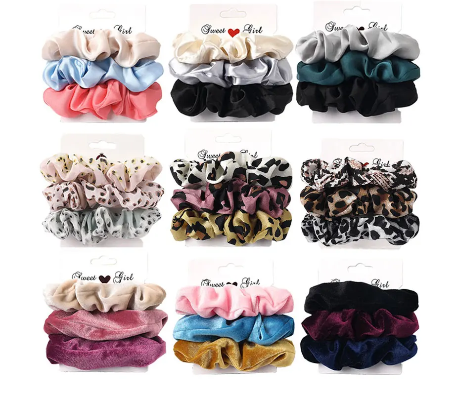 3PCS/1PC Vintage Velvet/Silk Leopard Pure Color Scrunchies Set Elastic Hair Bands Ponytail Holder Fashion Hair Accessories ladies headband