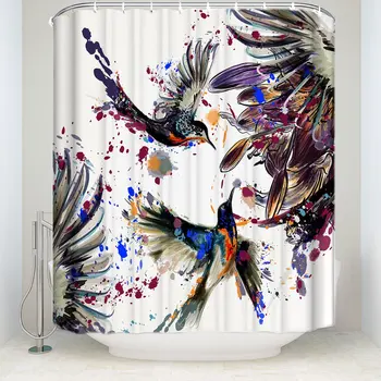 

Watercolor Decor Shower Curtain Ink Painting Bird Flower with Paints Waterproof Polyester Fabric Bathroom Shower Curtains Set