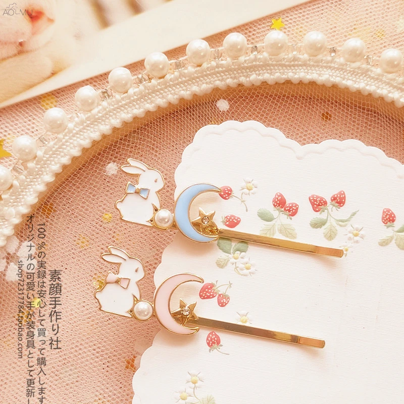 

AOMU Cartoon Bow Rabbit Cat Moon Hair Clip for Women Enamel Cat Claw Stars Pearl Rhinestones Hairpin Accessories Girls Jewelry