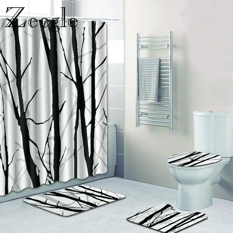 Zeegle Shower Curtain with Bath Mat Set Toilet U Type Mat Microfiber Soft Floor Rug Toilet Foot Rug Anti Slip Bathroom Doormat