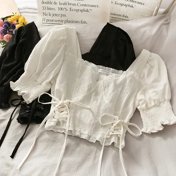 

drawstring lace up solid women blouse square collar puff sleeved summer new short high waist lady elegant pulls tops tees