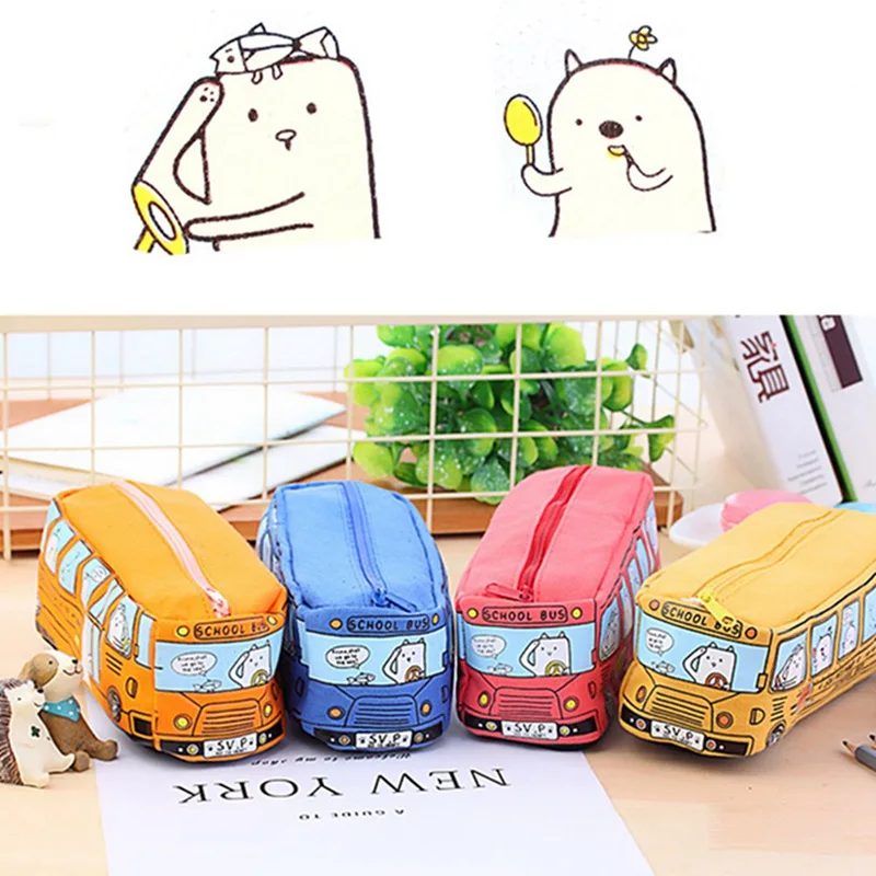 Creative Cute Small Animal School Bus Stationery Canvas Pencil Case Organizer Pencil Bag Gift Office School Stationery Supply