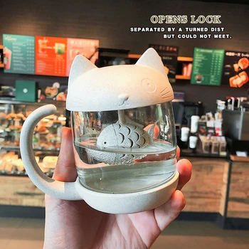

Cute Cat Fish Cup Japan Style Transparent Heat-resisting Water Glass with Tea Infuser 280ml Household Office Tea Cups Juice Mugs