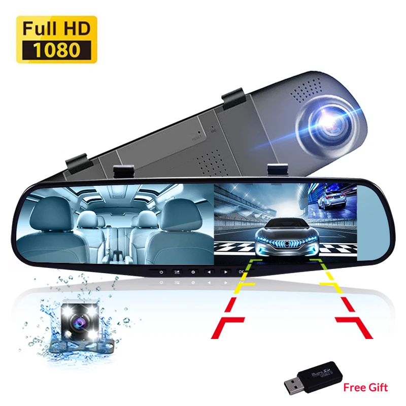 Tanie Full HD 1080P kamery widok z tyłu Dashcam lustrem rejestrator podwójnym obiektywem automatyczny samochodowy rejestrator wideo kamera rejestratory samochodowe