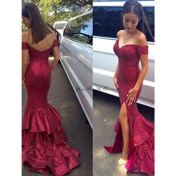 

Glitter Burgundy Mermaid Prom Dresses Sequin Tiered Formal Evening Gowns Off The Shoulder Side Slit Long Dress Party