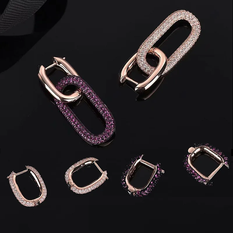 AAA+ Quality Rose Gold Color Pave Top Wine Red White Zircon Double Circle Cross Buckle Hoop Earrings For Women Single Sale | Украшения и