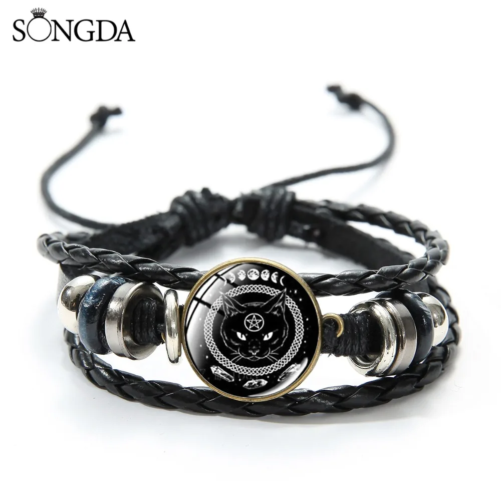 SONGDA, мистический Черный кот, Wicca, очаровательный браслет, Wicca, пентаграмма, черная ведьма, кот, узор, многослойный кожаный браслет, амулет в подарок
