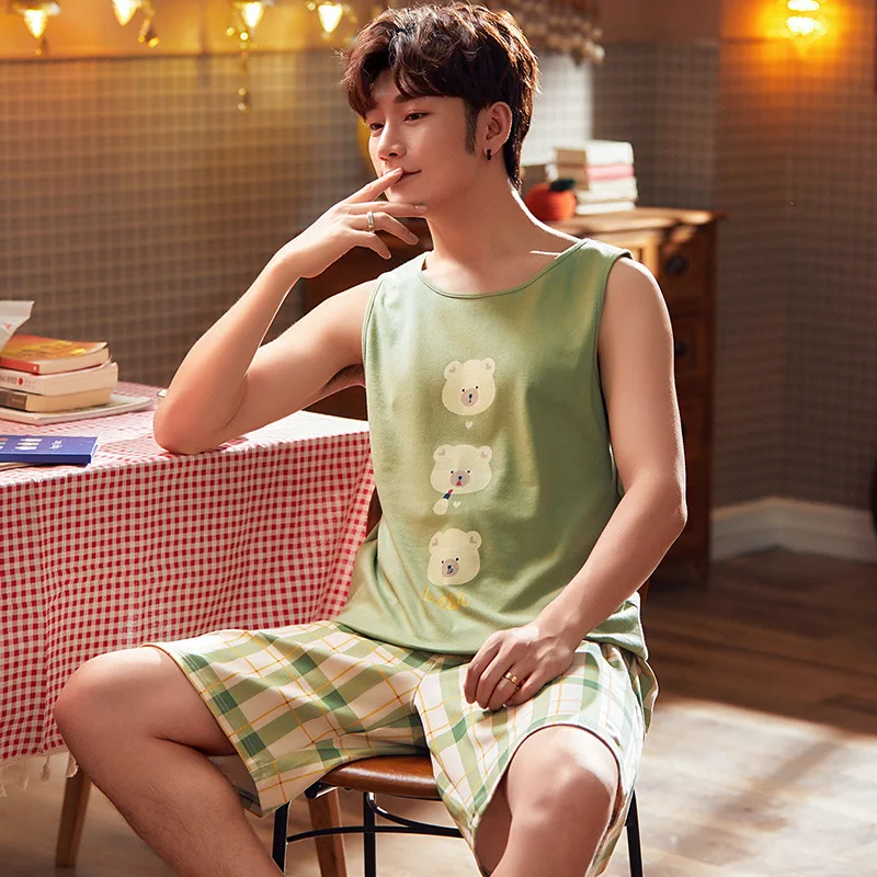 

Spring And Autumn Men's 6535 Cotton Vest Shorts Korean-style Men Summer Young And Middle-aged Thin Japanese Korean Homewear Set
