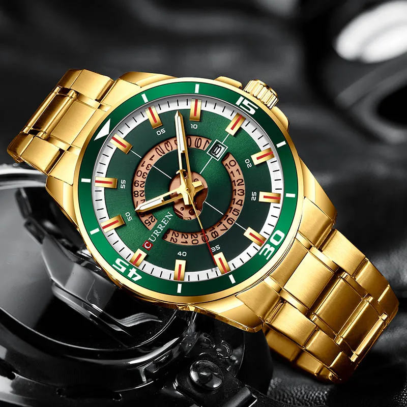 Мужские часы Curren Green Gold из нержавеющей стали Кварцевые Мужские наручные часы спортивные часы мужские деловые золотые часы мужские водонепроницаемые