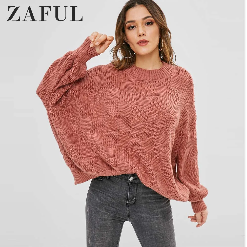 

ZAFUL Lantern Sleeve Loose Fitting Sweater Solid Color Casual Pullovers Women O-Neck Loose Sweaters Autumn Streetwear 2019