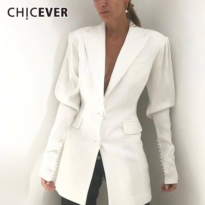 CHICEVER Белый Элегантный лоскутный Бисероплетение Женский блейзер с отворотами воротник с пышными рукавами костюмы с карманами женский осень мода