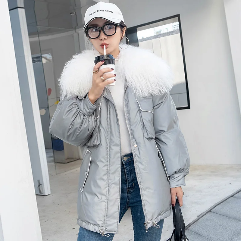 

Down Jacket Women Winter Real Fur 90% White Duck Down Coat Female Reflective Parkas Night Shiny Puffer Feather Jackets
