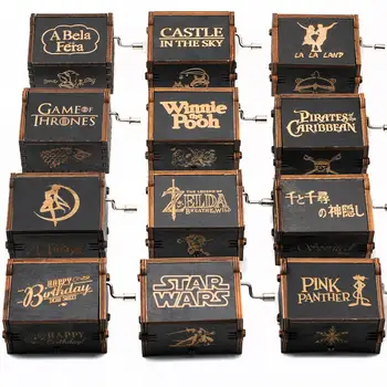 

New black Music Box Castle In The Sky Game Of Throne Star Wars Music box theme song Birthday Gift Antique Carved Wooden Handle