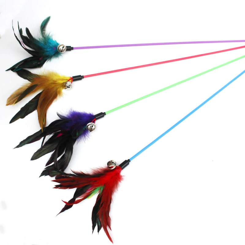 1PCS Cat Toys Cat Stick Feather With Small Bell Natural Like Birds Random Color Black Coloured Pole