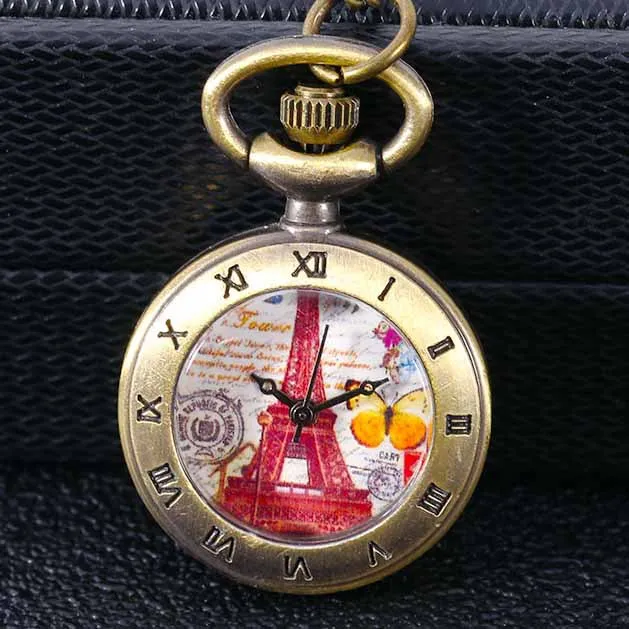 Small Quartz Pocket Watch Creative Red Paris Tower Design Creative Lovely Design Fashion Personality Bronze Gift for Women HB017 - Цвет: Bronze
