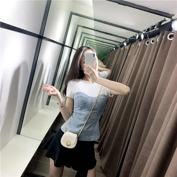 

CXFS 2020 New Women Shirt Summer Pullovers Patchwork Denim Short Sleeve Female O-Neck Fashion Casual T-shirt Tees Slim Brand