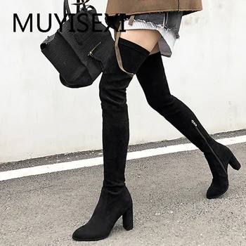 

Over the Knee Boots Elastic Flock Black Thigh High Boots Women Round Toe 8cm High Heels Women Long Boots plus size JD10 MUYISEXI