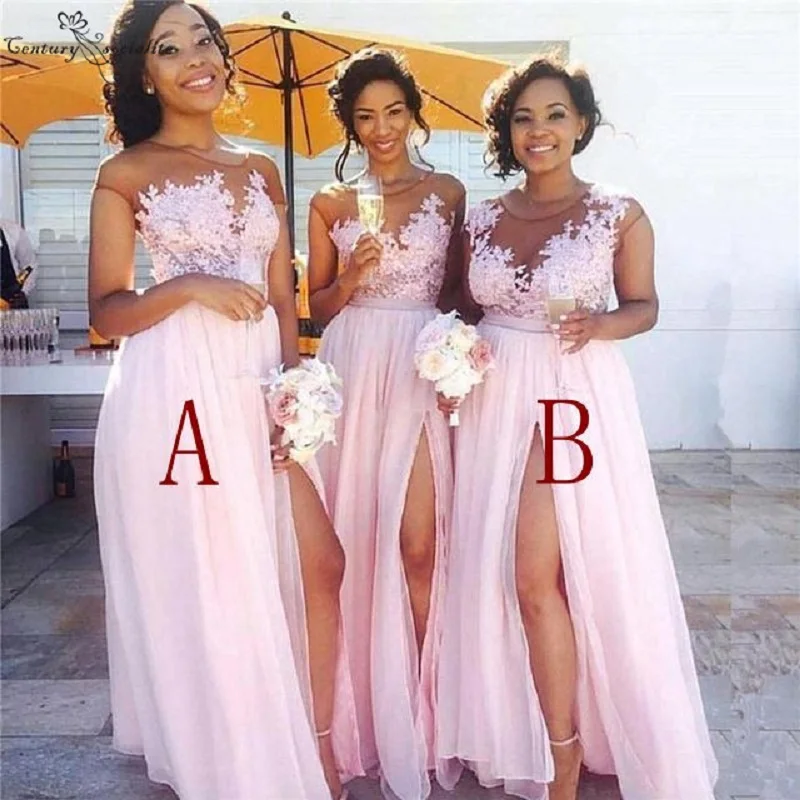 

Robe demoiselle d'honneur Sexy Slit Pink Lace Bridemaid Dresses Long 2019 See Through Appliques Wedding Party Gowns Guest Dress