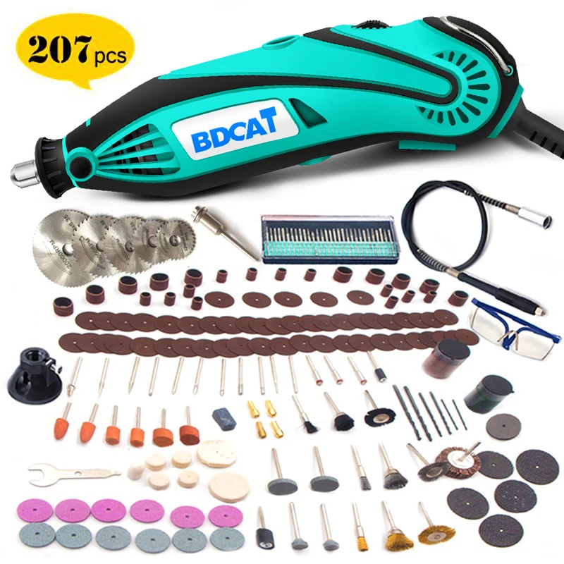 BDCAT 180W Electric Grinder Tool Mini Drill Polishing Variable Speed 207pcs Rotary Tool Kits with P
