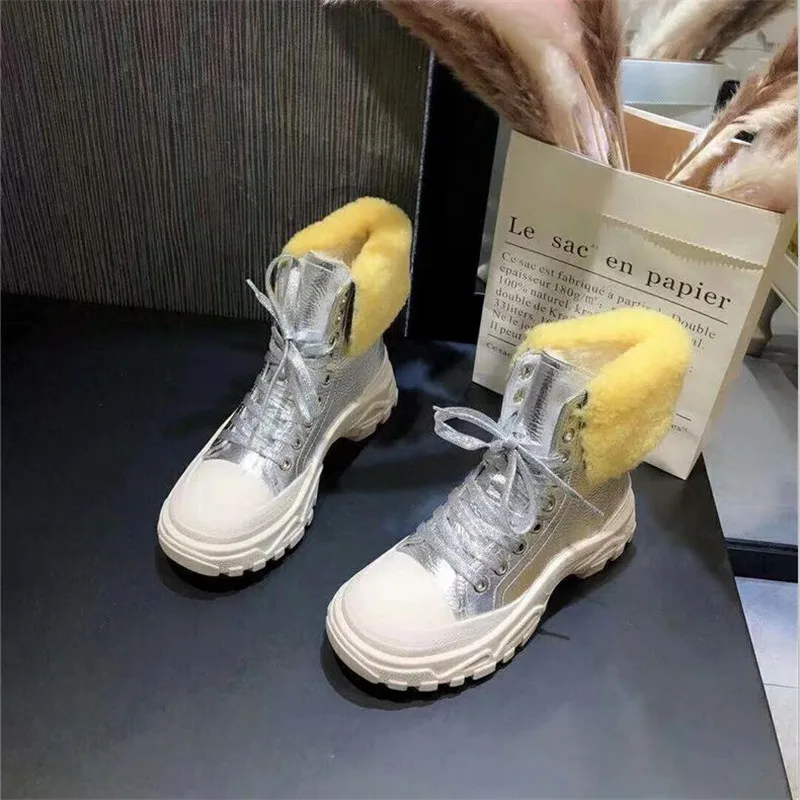 Г., новые зимние шерстяные вулканизированные женские ботинки модная теплая хлопковая обувь из натуральной кожи на толстой подошве со шнуровкой Повседневные Удобные ботинки - Цвет: Серебристый