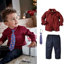 Одежда для маленьких джентльменов комплект из 3 предметов для маленьких мальчиков: клетчатый топ с длинными рукавами+ галстук+ штаны, комбинезон г., Осенний модный костюм комплект для детей от 24 месяцев до 9 лет