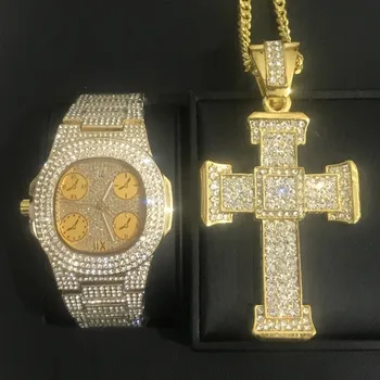 

Luxury Men Gold Color Watch Jewelry Stylish Ice Out Cuban Watch & Necklace Combo Set Ice Out Cuban Pendant Rock Chain For Men
