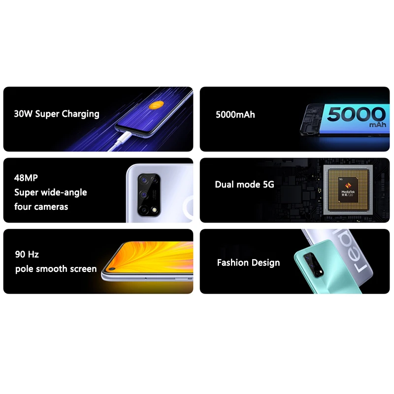 Realme V5 5G смартфон 6 5 дюймов ГБ 128 Dimensity 720 90 Гц Full view Дисплей 48MP Quad камеры 5000 мА/ч 30 Вт