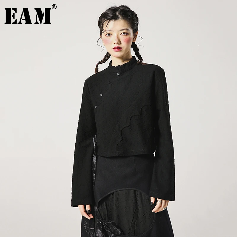 

[EAM] Loose Fit Jacquard Ribbons Split Short Jacket New Stand Collar Long Sleeve Women Coat Fashion Spring Autumn 2020 1K4330