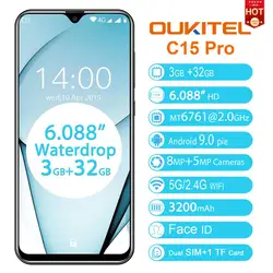 OUKITEL C15 Pro Android 9,0 мобильный телефон 3 ГБ + 32 ГБ, определение отпечатка пальца ID лица 5.0MP 8.0MP Камера в виде капли воды, Экран 4 аппарат не привязан к...