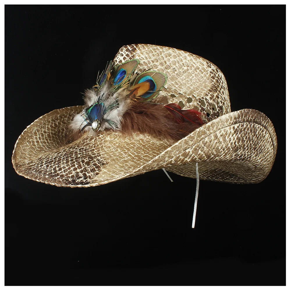 Летняя женская открытая западная ковбойская шляпа летняя Дамская пляжная перьевая Соломенная Панама Cowgirl Jazz Sun cap размер 56-58 см