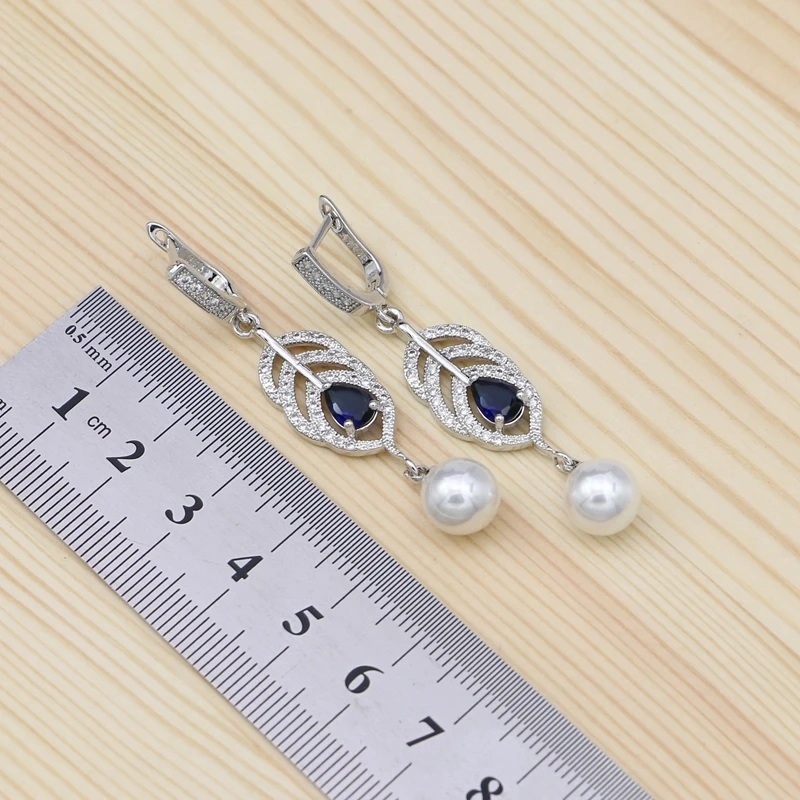 925 Silver Jewelry Set For Women Engagement Gift Blue Stone White Pearl Heart Shape Bracelet Necklace Pendant Earrings Open Ring - 3
