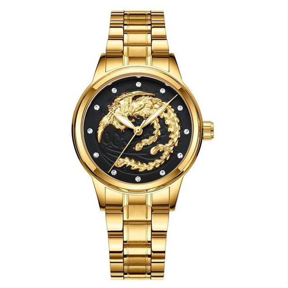 Fegeen Dragon Man Quartz Watch Phoenix Women Quartz Wristwatches Waterproof Gold Color Quartz Ultra-Thin Steel Belt Couple Watch 