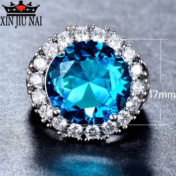 

Luxury Brand Princess Cut Big Sky Blue Engagement Rings For Women Rhinestone Crystals Fashion Romantic Eternity sapphire ring